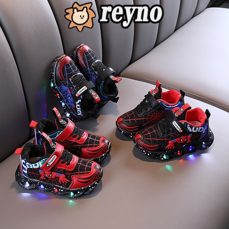 Reyno ใหม่ รองเท้าผ้าใบลําลอง มีไฟ LED ลายการ์ตูนสไปเดอร์แมน เรืองแสง สําหรับเด็กผู้ชาย วัยกลางคน