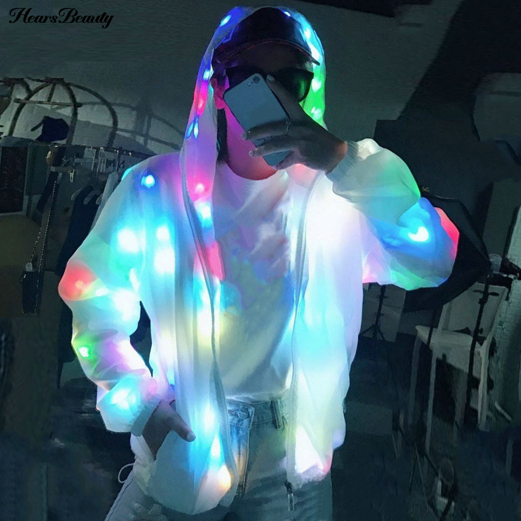 เสื้อแจ็กเก็ตแขนยาว มีฮู้ด แต่งไฟ LED เรืองแสง สีสันสดใส แฟชั่นฤดูใบไม้ร่วง และฤดูหนาว