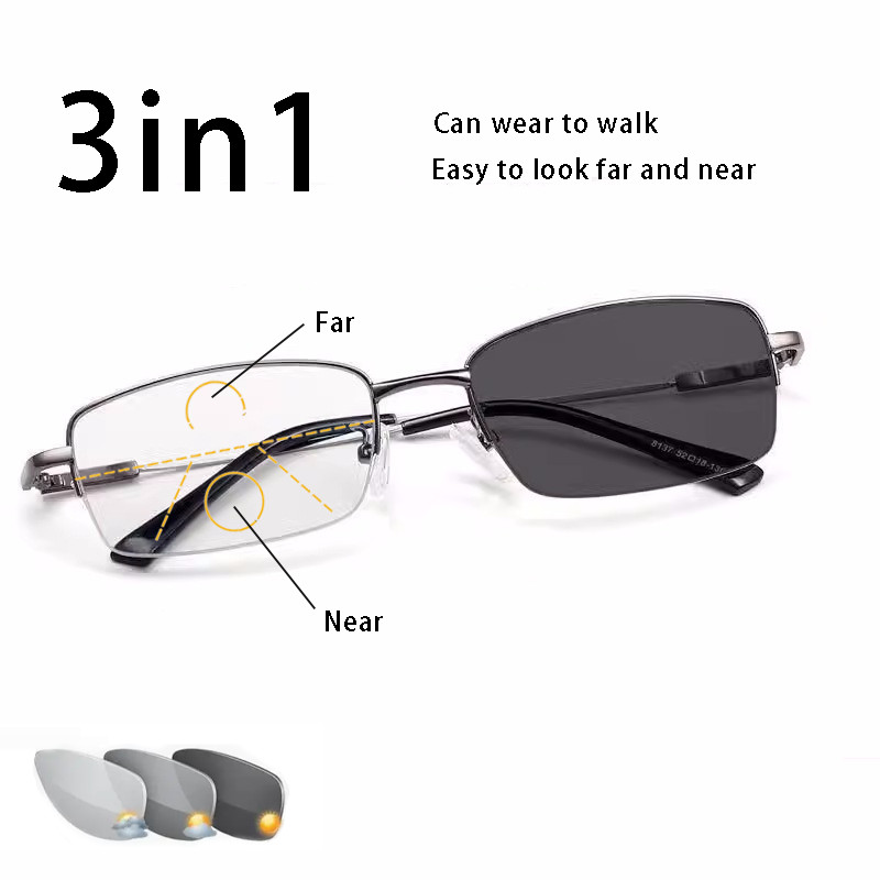 Z8006JJ 1 PC โลหะ Squared กรอบ Multifocal Progressive Photochromic All Face รูปร่างแฟชั่นผู้สูงอายุ 