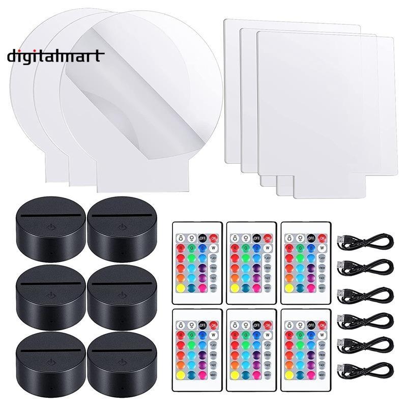 [digitalmart] ฐานโคมไฟ LED อะคริลิค 3D ปรับได้ 16 สี 4 โหมด สําหรับร้านอาหาร 6 ชุด