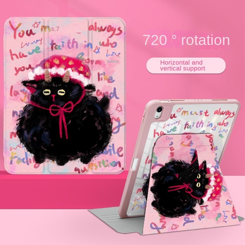 [iPad Air 5] เคส ลายการ์ตูนแมวดํา หมุนได้ 360 องศา กันกระแทก สําหรับ iPad gen9 gen8 gen7 10.2 Air4 10.9 Air3 Pro11 2020 2021 Mini6