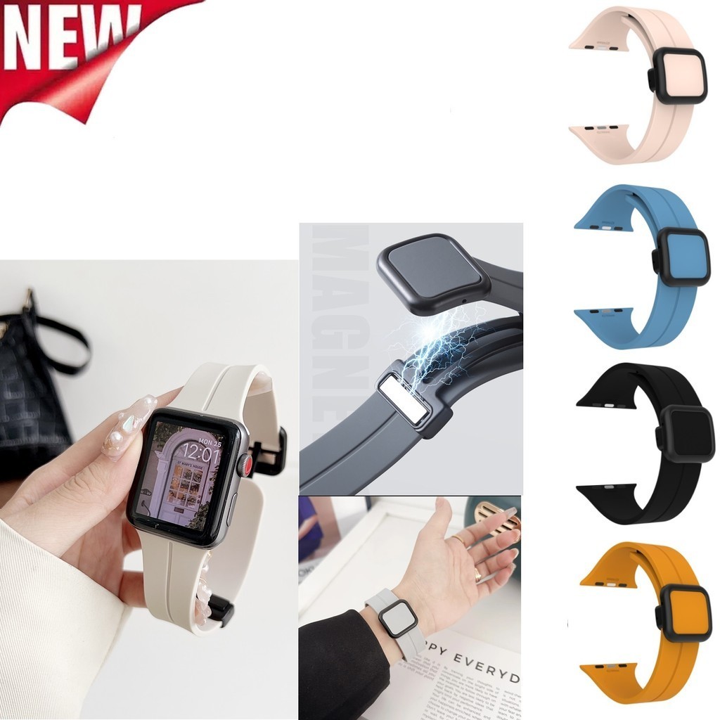 สายนาฬิกาข้อมือ ซิลิโคนนิ่ม หัวเข็มขัดแม่เหล็ก สีแคนดี้ สําหรับ Apple Watch Ultra 2 49 มม. iWatch Series 9 8 7 SE 6 5 4 3 2 1 45 มม. 41 มม. 44 มม. 40 มม. 42 มม. 38 มม. Ultra2