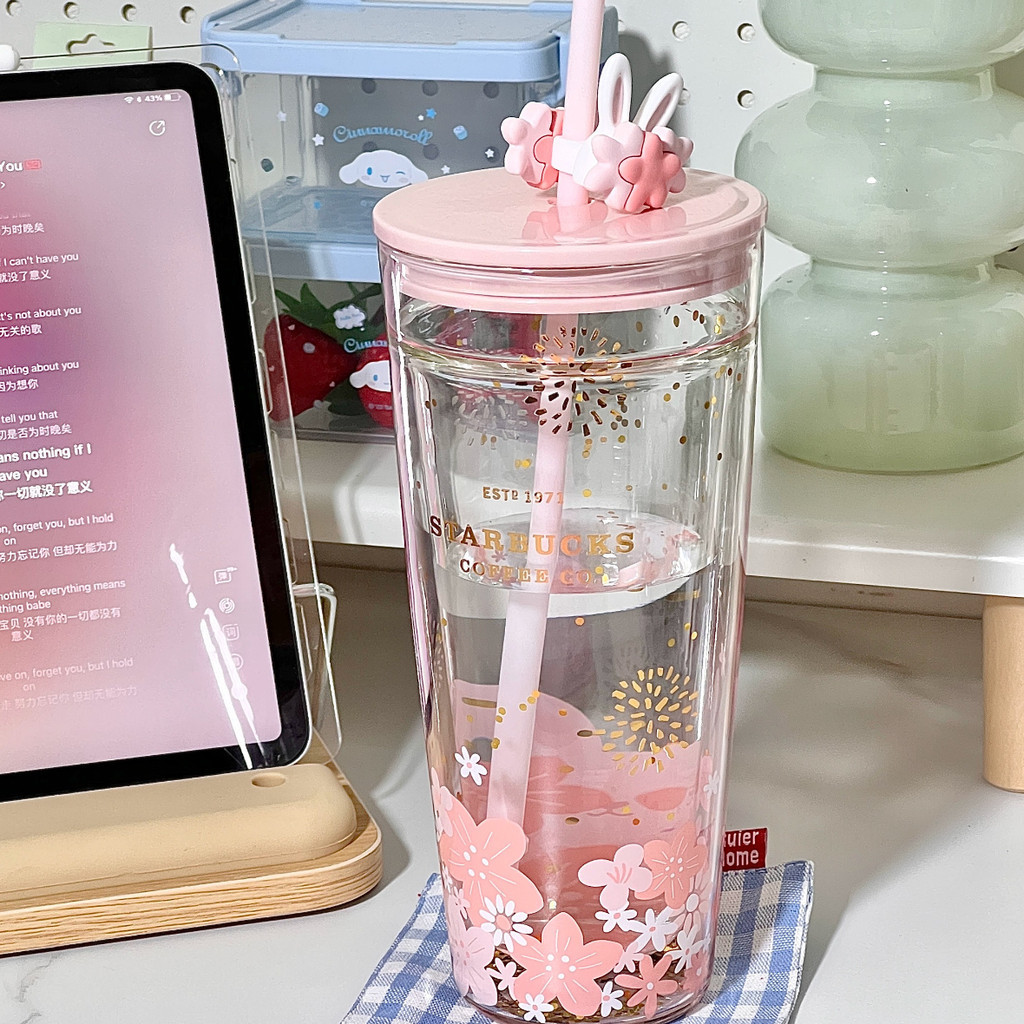 Starbucks แก้วน้ําสองชั้น ลายดอกพีช กระต่ายน่ารัก ความจุขนาดใหญ่ 591 มล. - รูปที่ 5