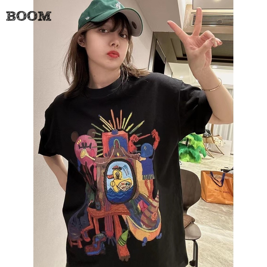 (กรุงเทพจัดส่งสินค้า)BOOM Shop 2024 ฤดูใบไม้ผลิและฤดูร้อนใหม่ปกปิดเนื้อแสดงผอมแขนสั้นเสื้อยืดผู้หญิงหลวมพักผ่อนร้อยชุด