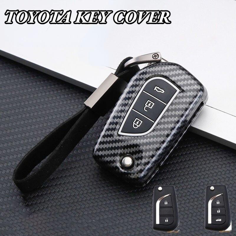 เคสรีโมทกุญแจรถยนต์ คาร์บอน 2 3 4 ปุ่ม พร้อมพวงกุญแจ อุปกรณ์เสริม สําหรับ Toyota Camry Corolla Revo Innova Rav4 Fortuner