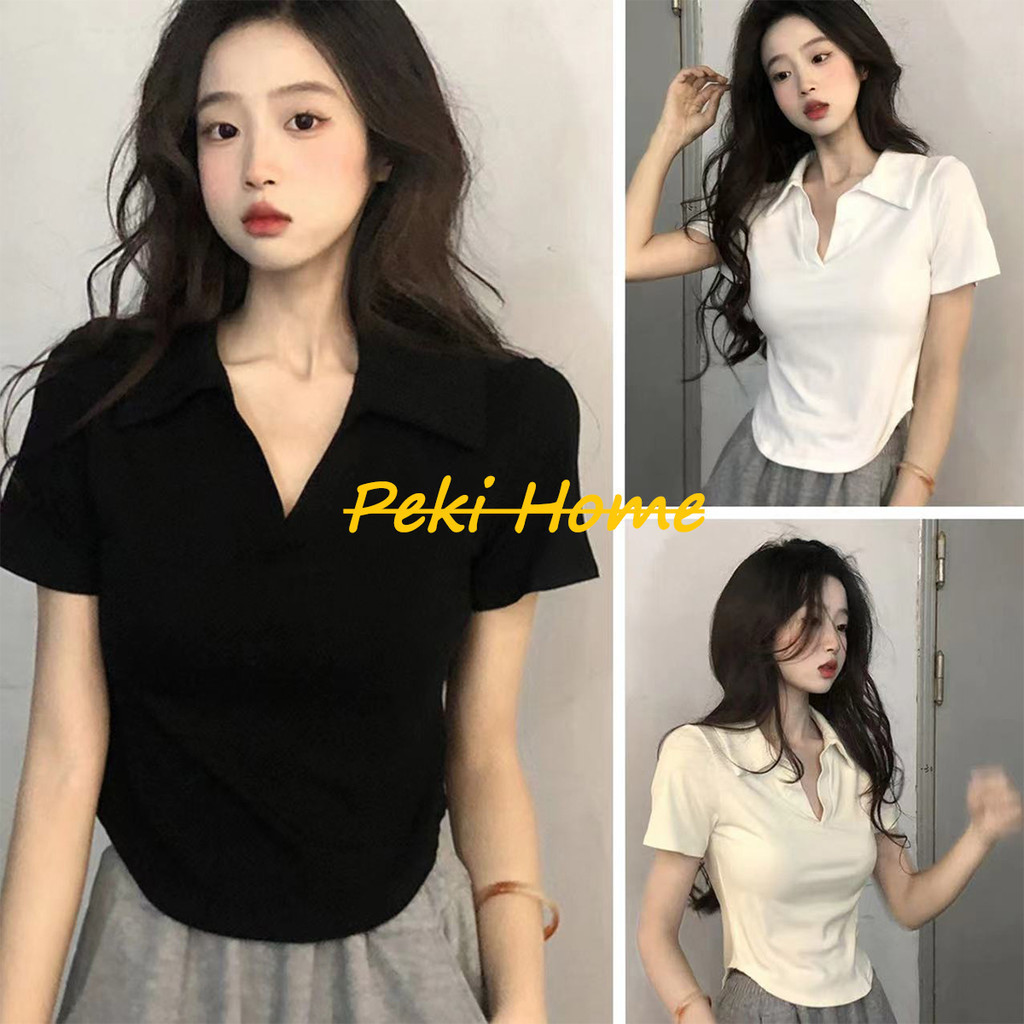 เสื้อโปโลคอวีผู้หญิงสไตล์ฝรั่งเศสที่เน้นความสวยงามในฤดูร้อน