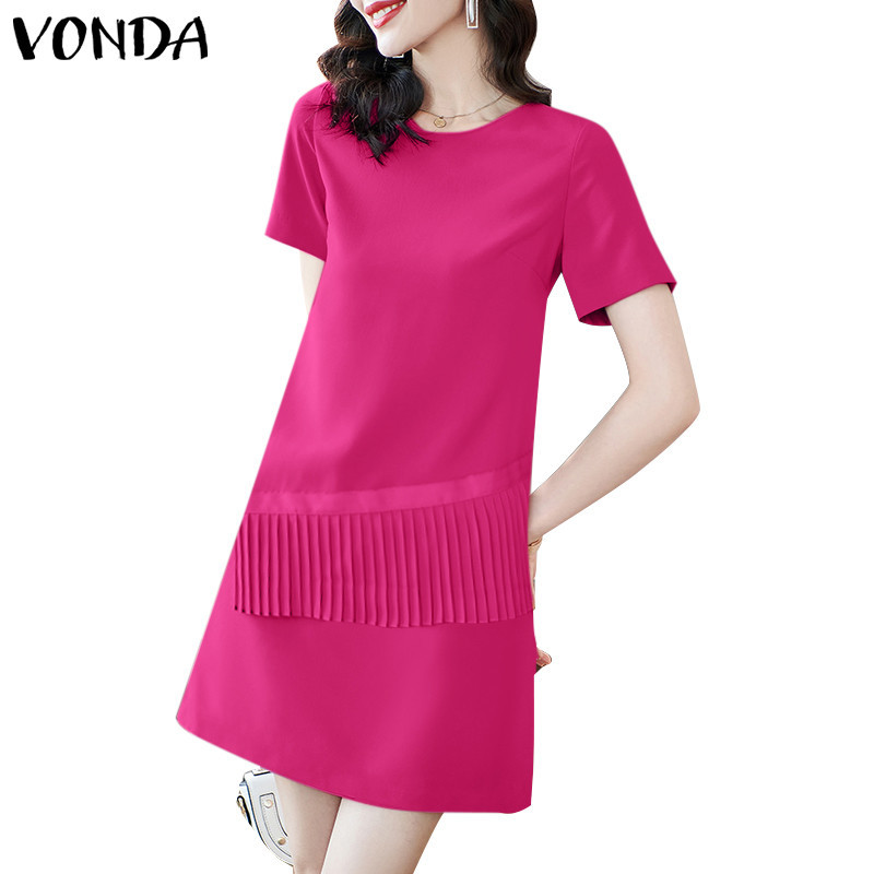 Vonda ผู ้ หญิงเกาหลีลําลองคอกลมแขนสั ้ นพับลูกไม ้ เดรสสั ้ น