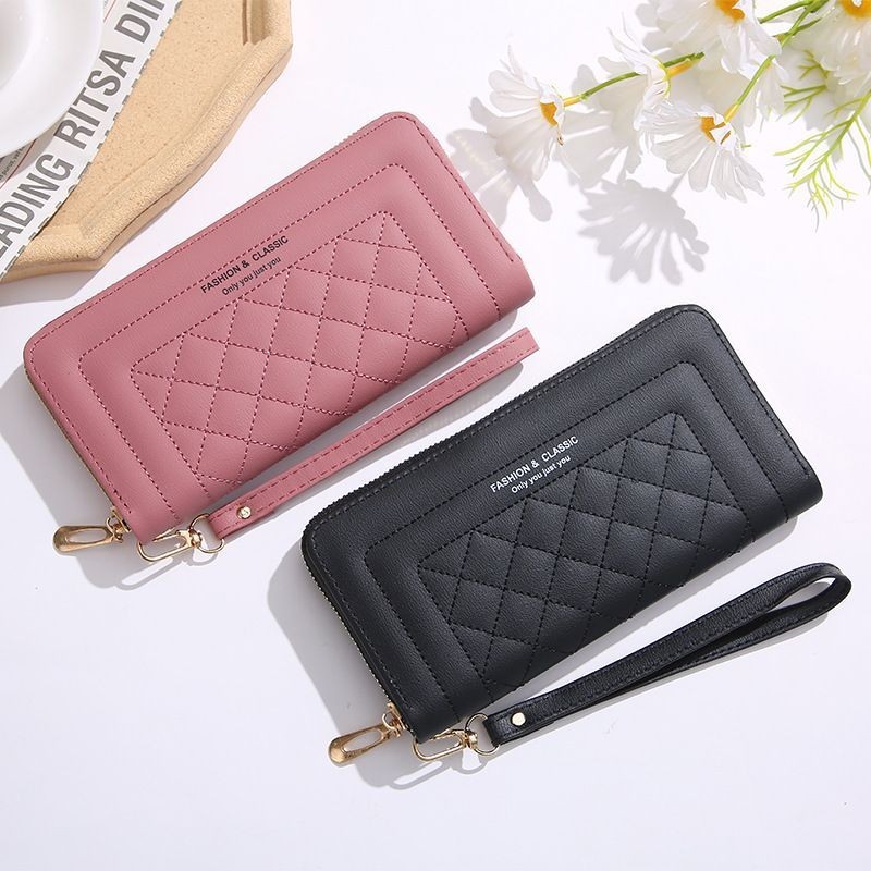[ ซื ้ อสองแถมหนึ ่ งฟรี ] European American Chanel Style Diamond Long Wallet Soft Surface Ladies Zipper Wallet Clutch Wallet Wallet Wallet 4.26#FF