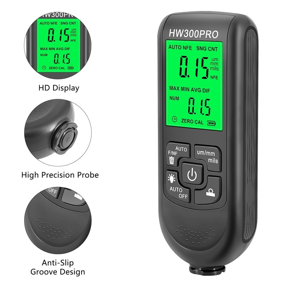 เครื่องทดสอบความหนาเคลือบโลหะ Electroplate HW-300 ดิจิตอล 0-2000um Fe และ NFe Probe สีรถ