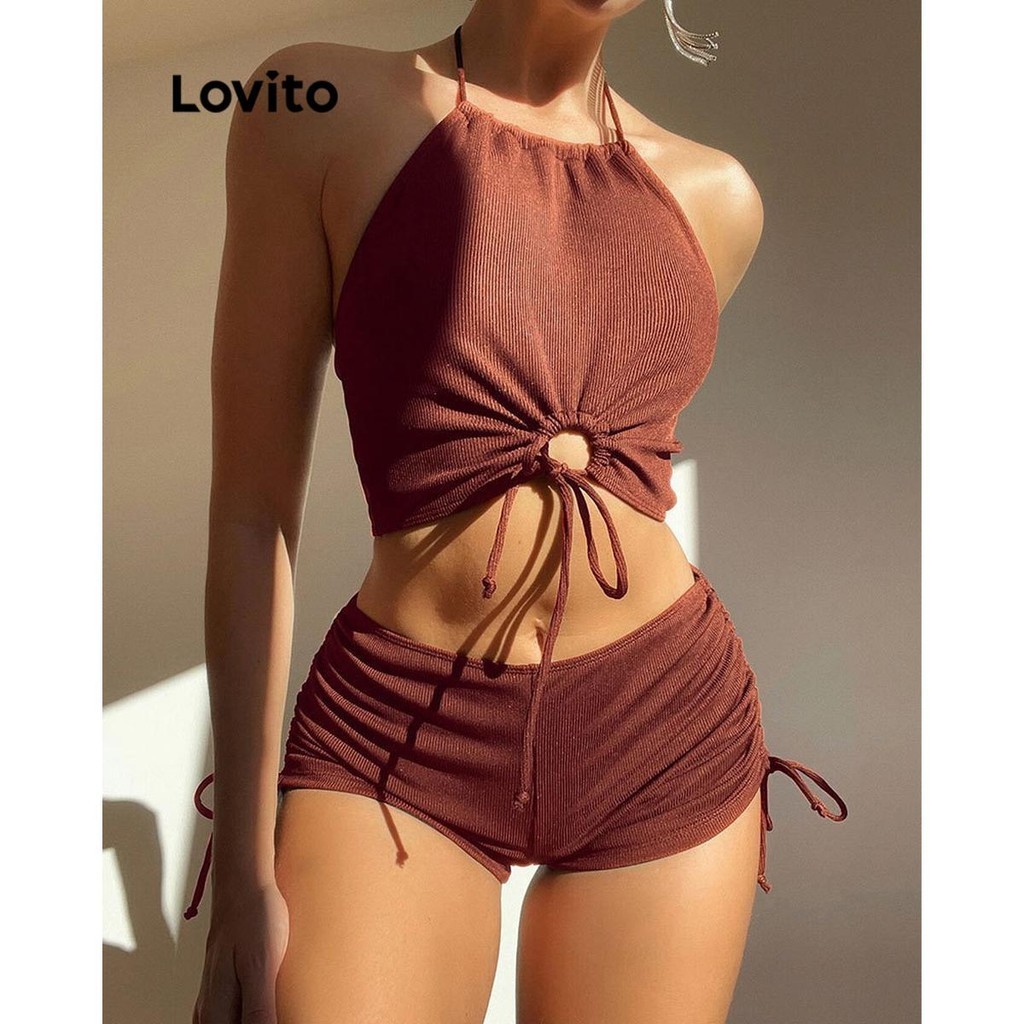 Lovito ชุดเซ็ทบิกินี่ผู้หญิง ผ้าเย็บต่อ มีสายผูก สีพื้น สไตล์แกลมเมอรัส LNE48391