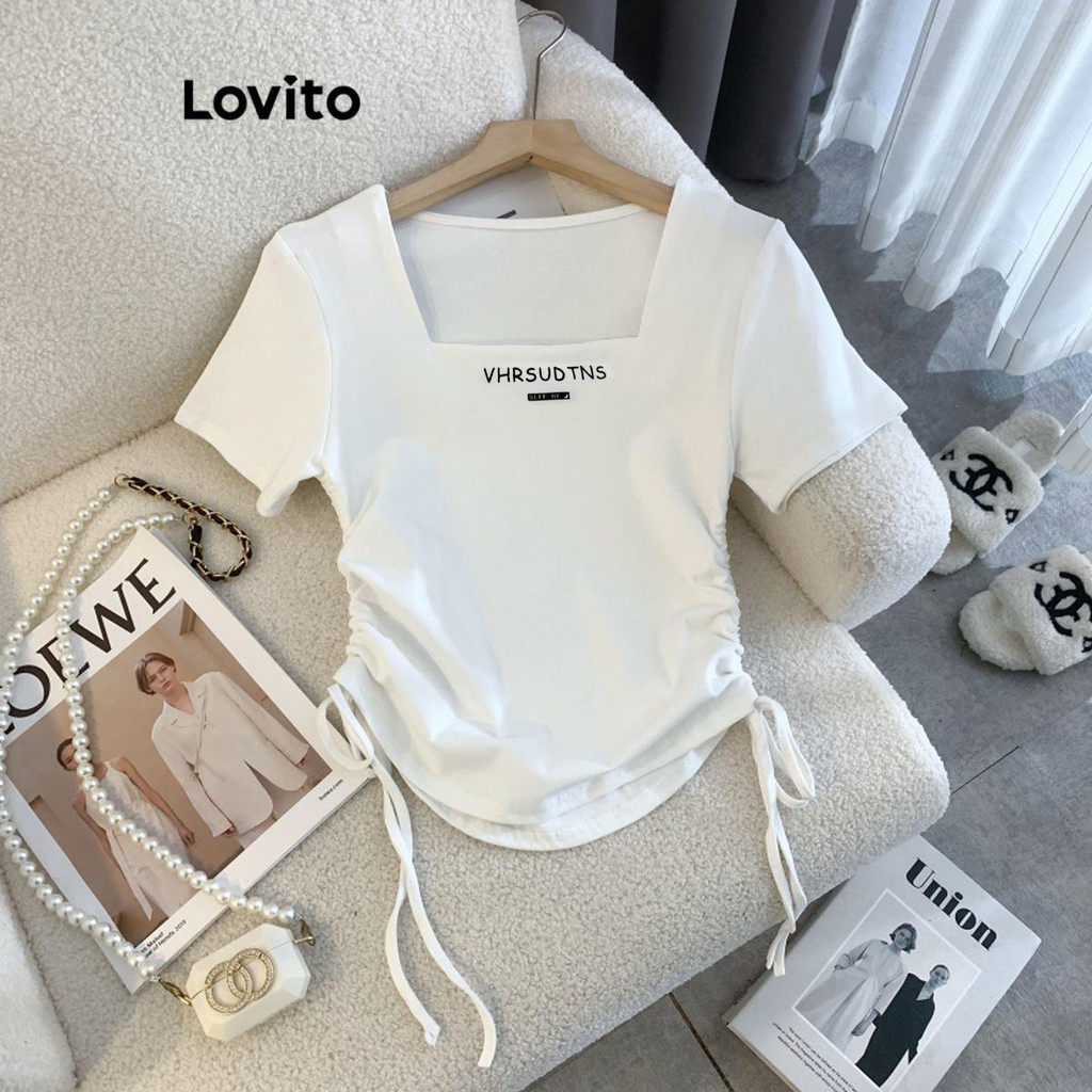 Lovito เสื้อยืดผู้หญิง ลายตัวอักษร เชือกรูด สไตล์ลำลอง LNE48342