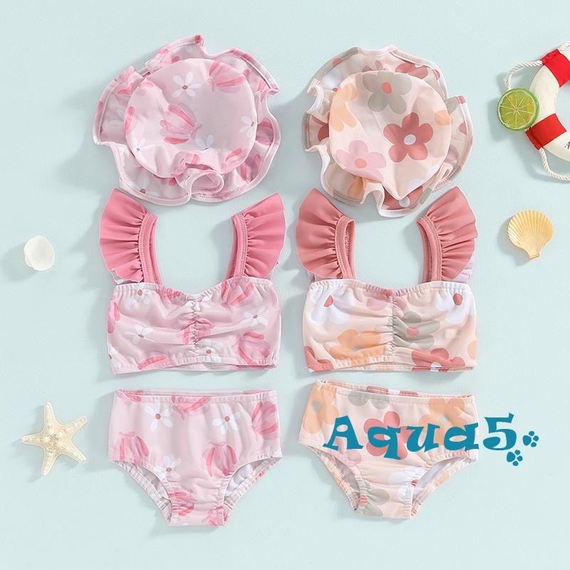Aqq-toddler เด ็ กทารกชุดว ่ ายน ้ ําฤดูร ้ อนดอกไม ้ พิมพ ์ Fly Sleeve Tankini Tops ว ่ ายน ้ ํากางเกงขาสั ้ นหมวกว ่ ายน ้ ํา 3 ชิ ้ นชุดว ่ ายน ้ ําชายหาดบิกินี ่