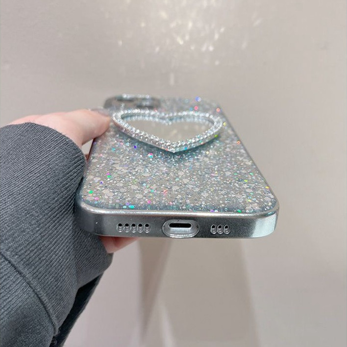 Makp up Diamond Love Mirror Silvery Sparkly Bling Soft สําหรับ iP iPhone 15 14 13 12 11 Pro Max 15plus 15prm 12prm 11prm promax สาวผู ้ หญิง Electroplated Apple แฟชั ่ นหรูหรา