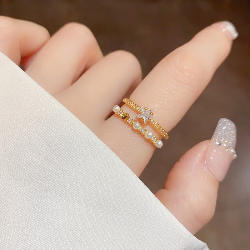 แฟชั ่ นอารมณ ์ ฝรั ่ งเศสประณีตเพทาย Double-Layer Pearl เปิดแหวน Hypoallergenic