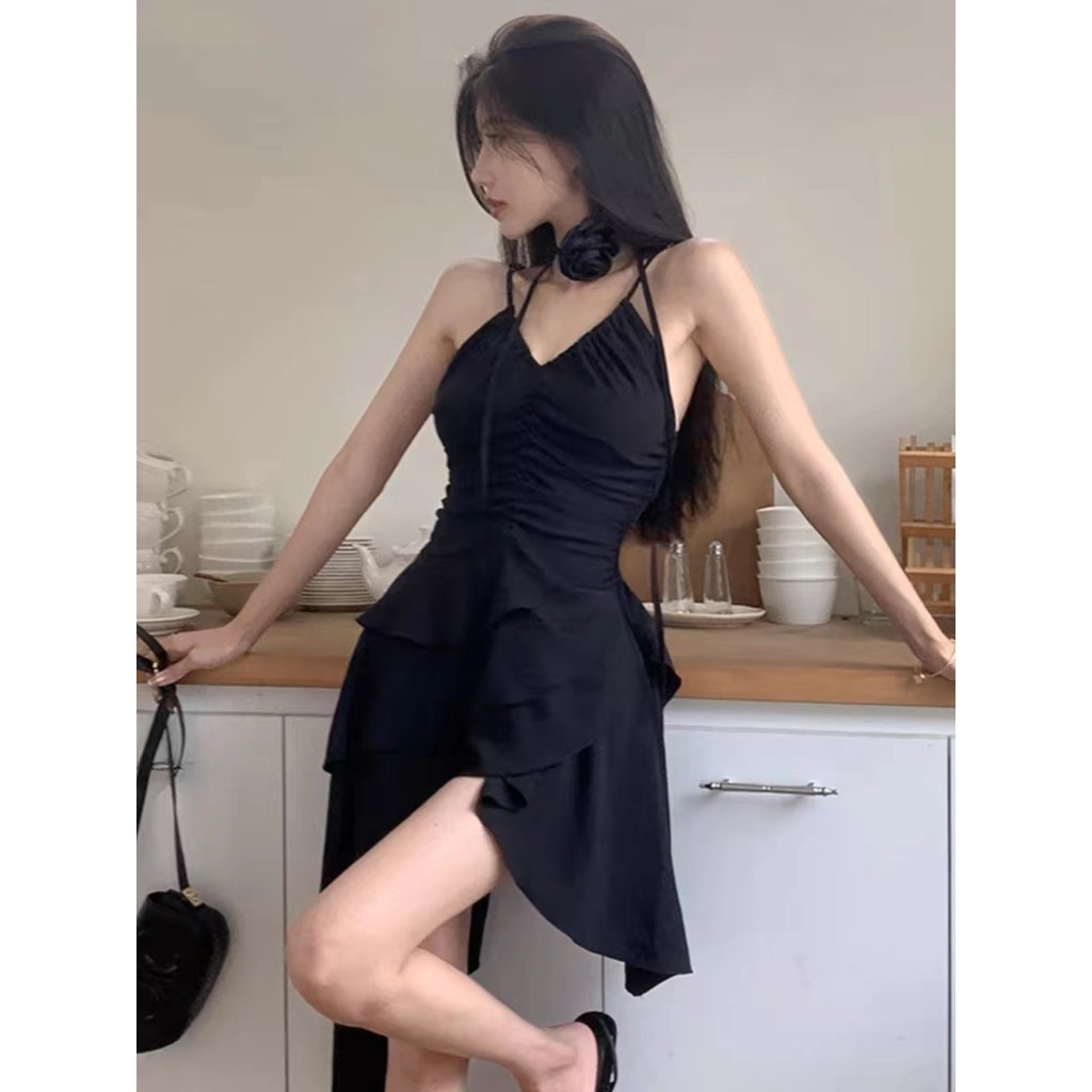 Xiao V คอไม ่ สม ่ ําเสมอสลิงชุดสามมิติดอกไม ้ ลูกไม ้ ขึ ้ นจีบกระโปรงขนแกะจํา XLGK
