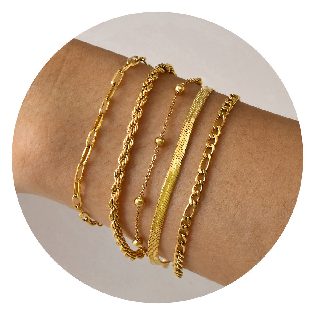 Vnox 5 ชิ้นสร้อยข้อมือทองชุดสําหรับผู้หญิงสาว 18K Gold Chain Dainty Link Paperclip ลูกปัด Twisted สร้อยข้อมือ Stake ปรับ