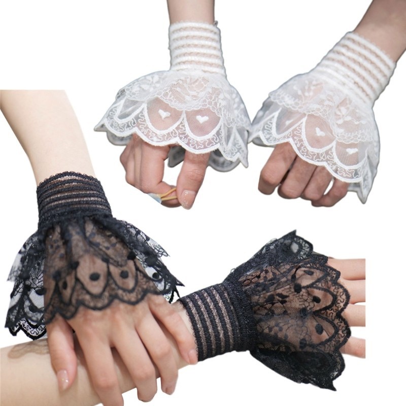 Whi แขนถอดได้ Ruffled Lace Cuff Arm Sleeve Girl Women Cuff Sleeves