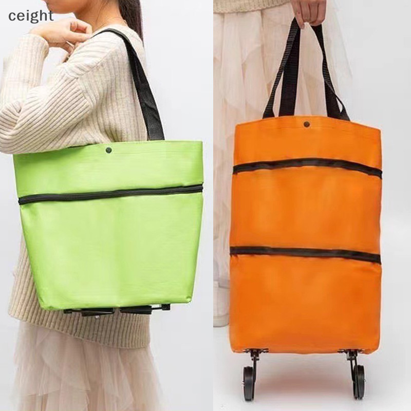 [ceight ] Reusable Market Bag Storage Wheels Bag Shopping Bag Folding Nylon Grocery Extended Bag Trolley Shopping Trolley TH