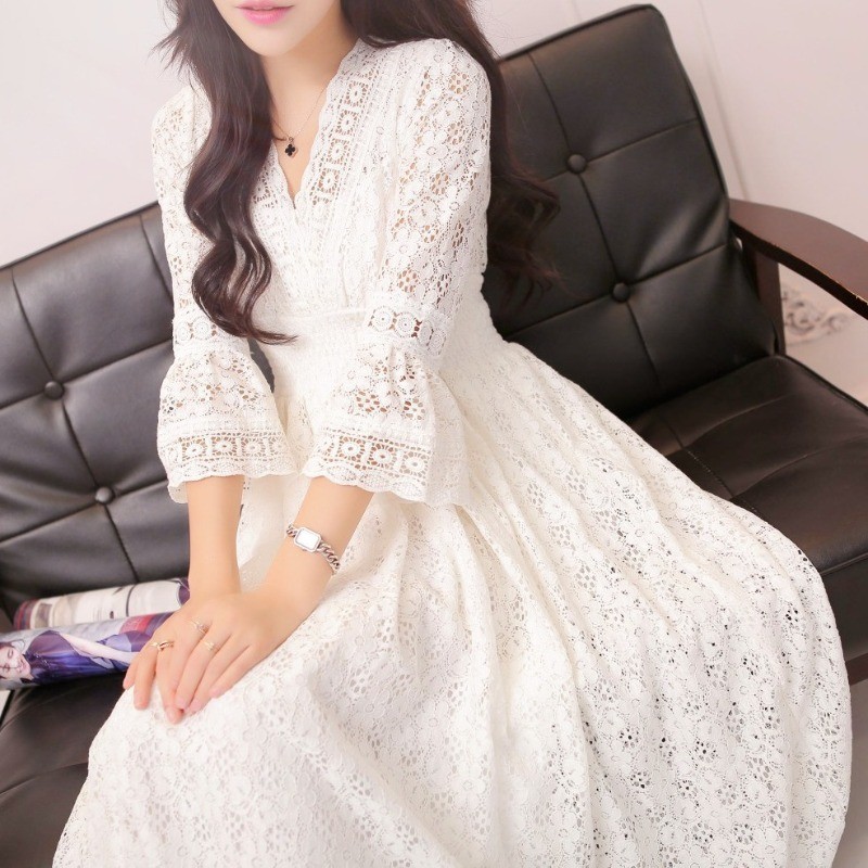 Plus ขนาด S-3XL ผู้หญิงชุดลูกไม้สีขาว V คอยาว Maxi Midi สาย Flare Slim หลวมฤดูใบไม้ผลิฤดูร้อนฤดูใบไม้ร่วงแฟชั่น Retro Vintage แขนยาว Boho โบฮีเมียริมทะเลวันหยุด