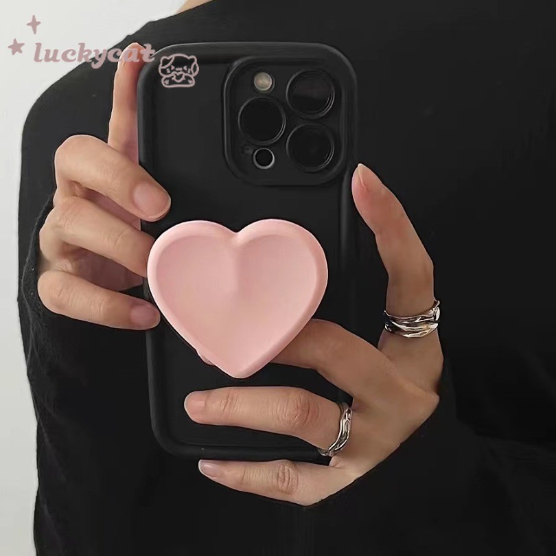 Iphone 15 14 13 12 11 Pro Max X Xr Xs Max 7 8 Plus เคสโทรศัพท์ น่ารัก สด เรียบง่าย สีลูกกวาด สีชมพู + หัวใจรัก ขาตั้ง นิ่ม