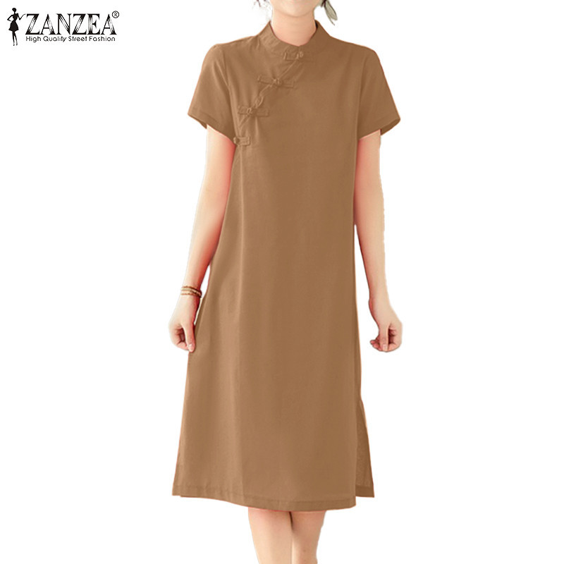 Zanzea ผู ้ หญิงเกาหลี Stand-Up Collar Plated ปุ ่ มแขนสั ้ น Hemline แยกชุด
