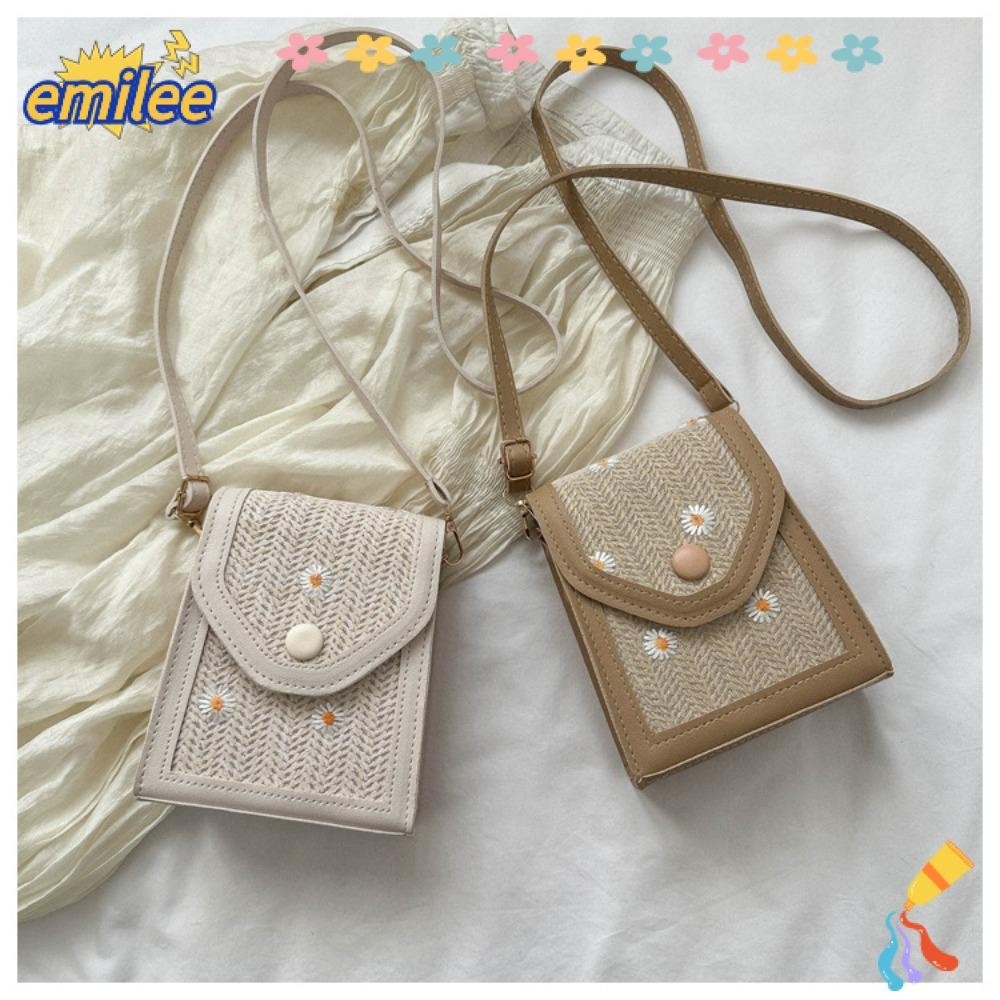Emilee Straw Plaited Phone Bag, Dacron Straw Embroidery Bag, Little Daisy Phone Pouch