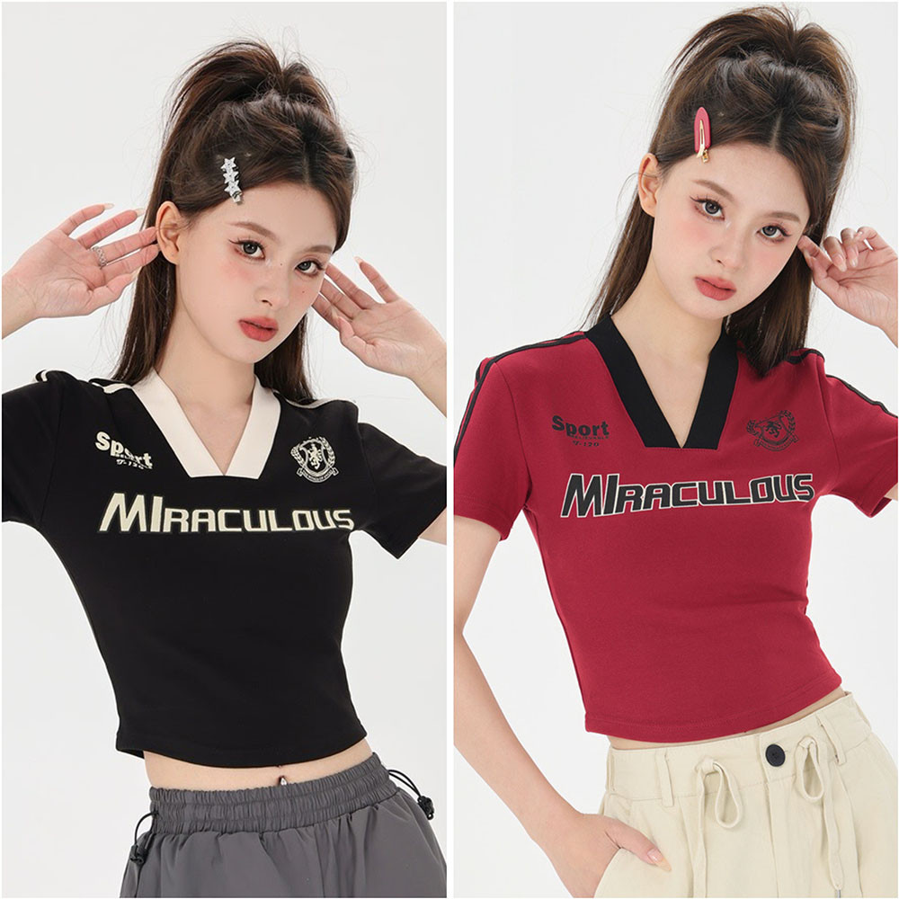 cherryshop พร้อมส่ง เสื้อครอป y2k เสื้อยืดครอปแขนสั้น แขนสั้นคอวีพิมพ์ลาย ตัวอักษรย้อนยุคอเมริกัน แฟชั่นสำหรับสาวฮอต