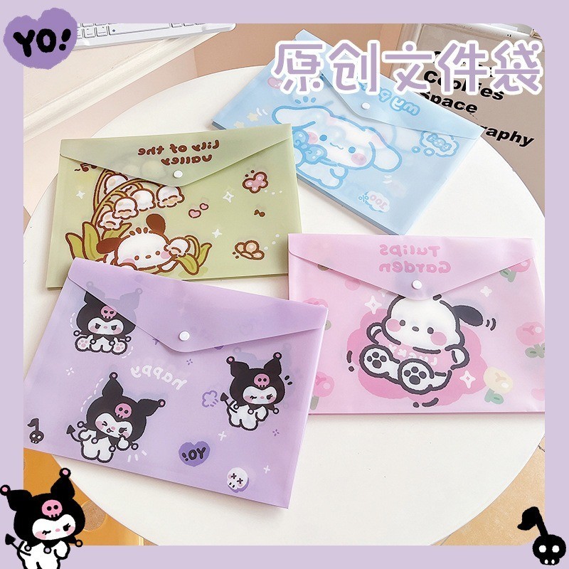Sanrio การ์ตูนน่ารัก A4 Mymelody Kuromi Cinnamoroll Pochacco กระเป๋าเอกสารตรวจสอบแฟ้มผู้ถือนักเรียน Organizer เครื่องเขียนของขวัญ