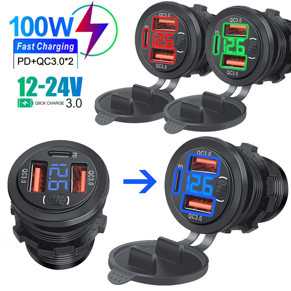 สามพอร์ต Car Charger PD Dual QC3.0 USB Charger Socket พร้อมโวลต์มิเตอร์แบบดิจิตอลปุ่มสวิทช์ 12 V/24 V สําหรับรถจักรยานยนต์รถ