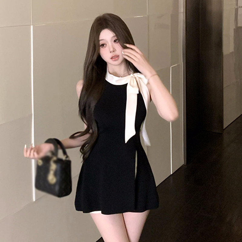 ฤดูร ้ อนผู ้ หญิงหวาน Bowknot Splice Halterneck ชุดแยกถักแขนกุด