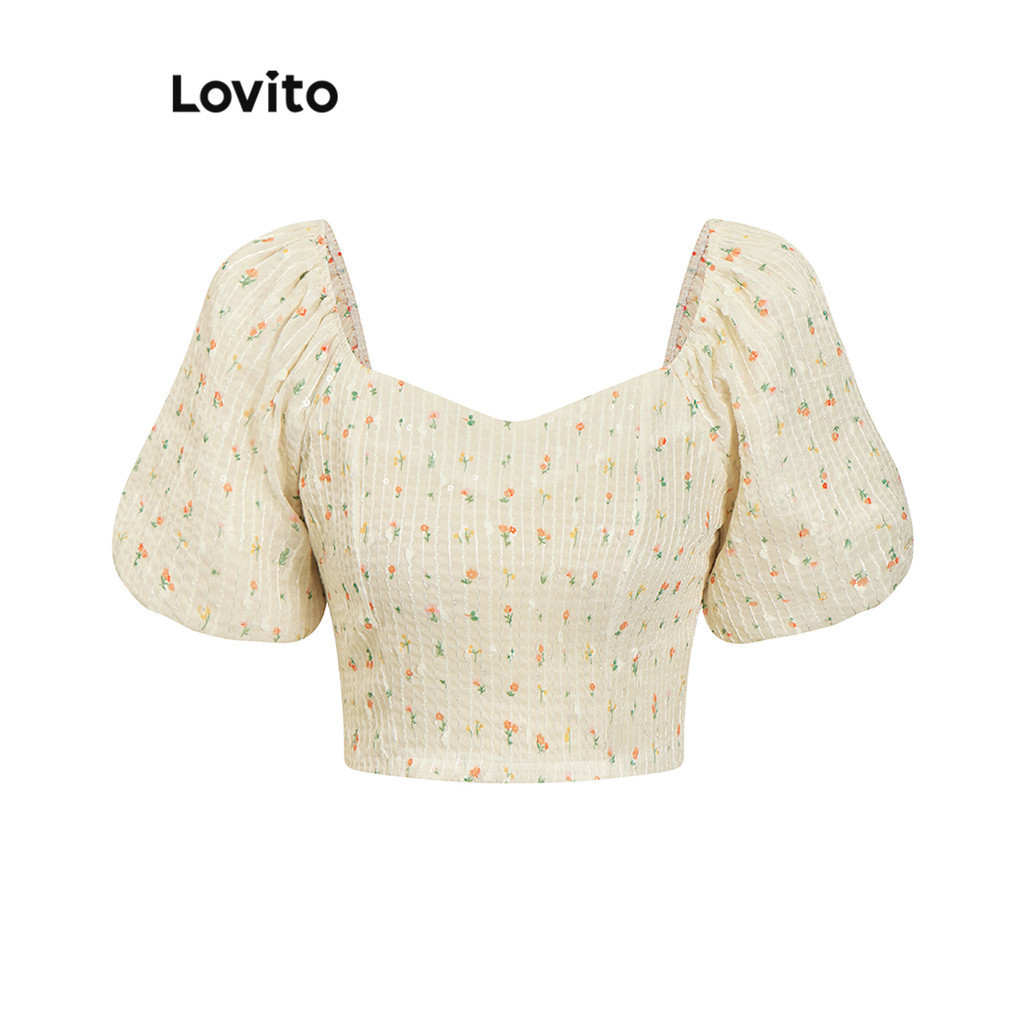 Lovito เสื้อเบลาส์ผู้หญิง แต่งจีบ ลายดอกไม้ สไตล์โบโฮ L80ED106