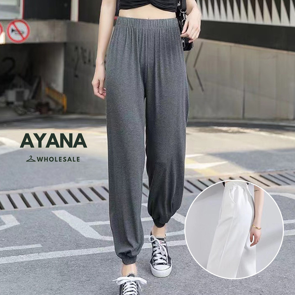กางเกงขายาว เอวยางยืด ขาจั๊ม สีพื้น ผู้หญิง พร้อมส่ง