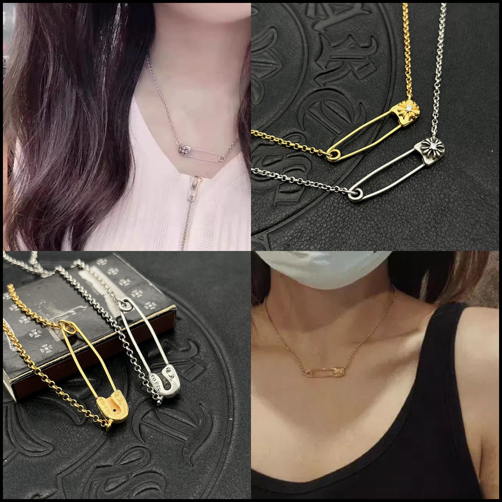 เงิน 925 คลิปหนีบกระดาษสร้อยคอชุบ 22K Gold Shining Pins, Cross ดอกไม้คอสร้อยคอสั้น, Retro Punk สไตล์