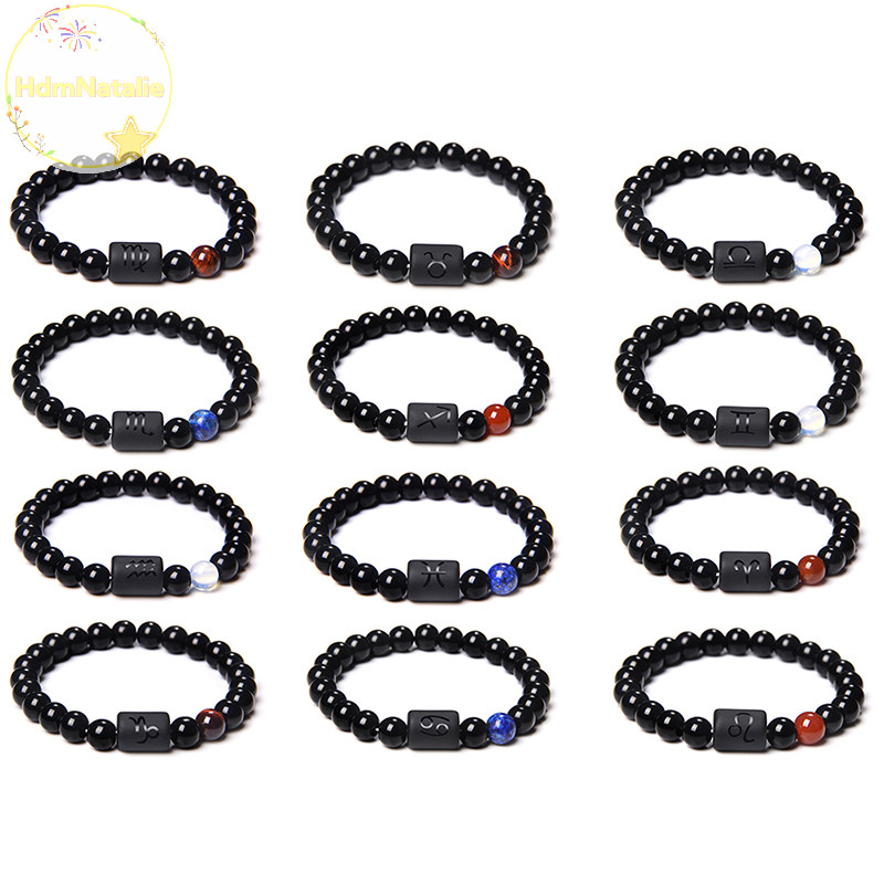Hdmnatalie 12 กลุ่มดาวราศีลูกปัดสร้อยข้อมือคู่ธรรมชาติสีดํานิลหินยืดหยุ่นเสน่ห์สร้อยข้อมือสําหรับผู้หญิงผู้ชาย ไทย