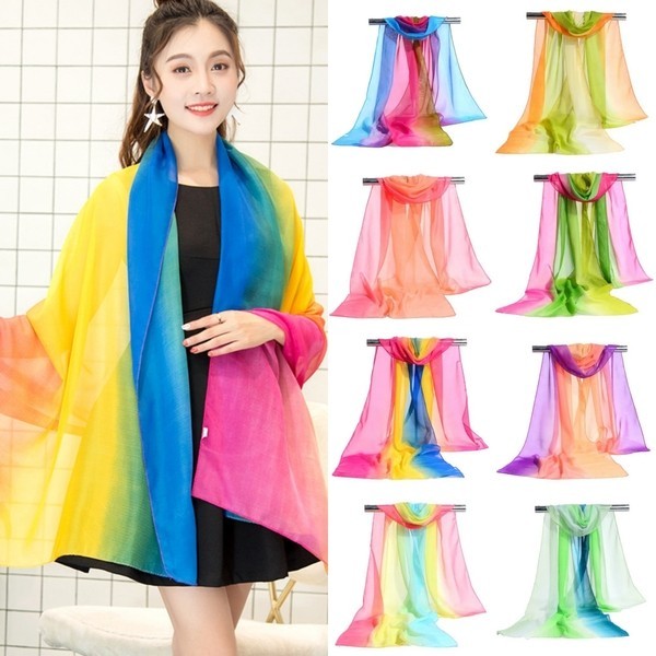 Gradient ผ้าพันคอชีฟองผู้หญิงยาว Wraps และ Shawls Lady แฟชั่นฤดูใบไม้ผลิฤดูใบไม้ร่วงผ้าพันคอ Plus ขนาดผ้าพันคอ Hijab Gradual สี