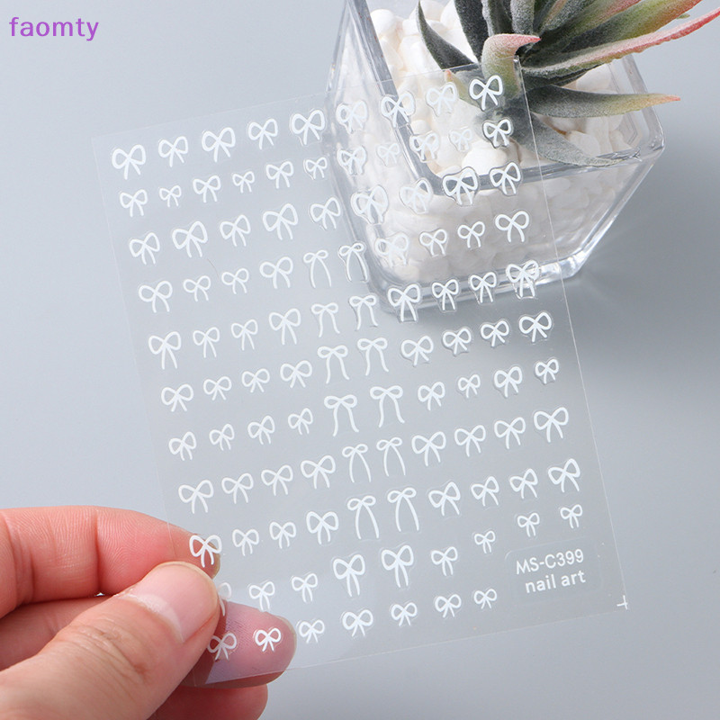 Faomty Shining สีขาวริบบิ้นโบว์สติ๊กเกอร์ติดเล็บ 3d การออกแบบเล็บตกแต่ง Decals ริบบิ้นโบว์ Diy สติ๊กเกอร์ติดเล็บ TH