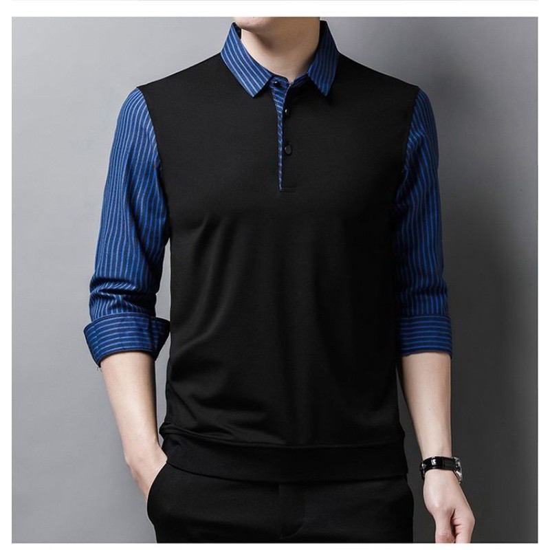 【2XL 5XL 】เสื้อโปโลแขนยาวผู้ชายสองชิ้นสําหรับวันหยุดของผู้ชายเทรนด์ประกบ