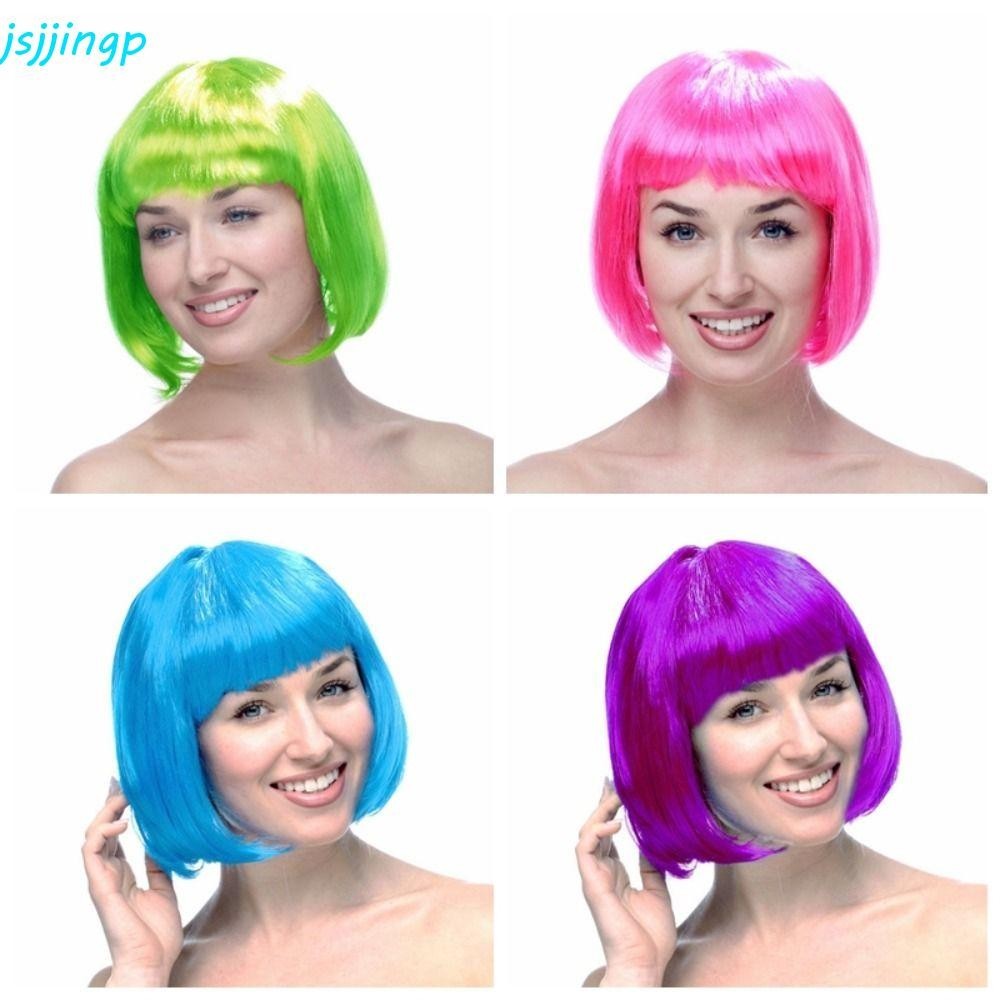 Jsjjingp ผู้หญิง โบโบ้ วิกผม,ตลกสีคอสเพลย์พรรคบ๊อบผม,แฟชั่นธรรมชาติสีฟ้าระบายอากาศสั้นตรงผมฮาโลวีนพรรค