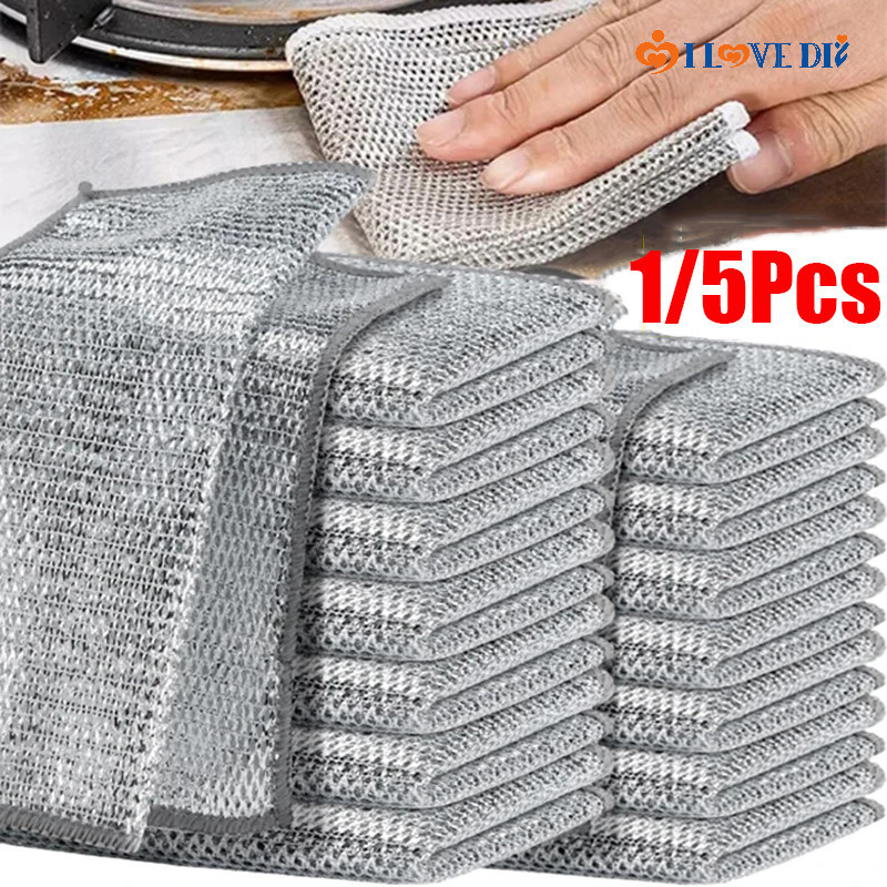 1/5 ชิ้นทําความสะอาดง่ายReusable Microfiber Non-stick Oil Rag - Hollowed ตาข่ายลวดเงิน Scouring Pad - ผ้าล้างจานห้องครัว