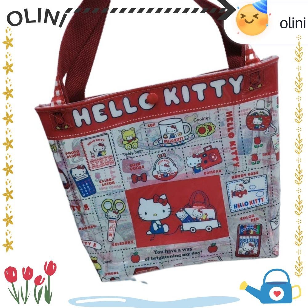 Olini กระเป๋าถือ Hello Kitty กระเป๋าสะพายความจุขนาดใหญ่กันน้ํา, กระเป๋านักเรียน PVC ทรงสี่เหลี่ยม