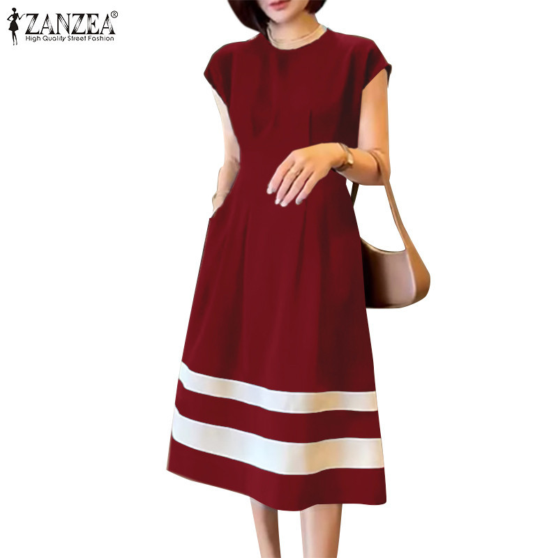Zanzea ผู ้ หญิงเกาหลีคอกลม A-Line Cap Sleeve Color Blocking Waisted Dresses
