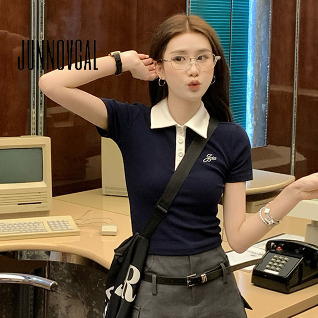 Junnovgal เสื ้ อโปโลผู ้ หญิงสีตัดกัน 2024 สไตล ์ ใหม ่ ทุกการแข ่ งขันแขนสั ้ น