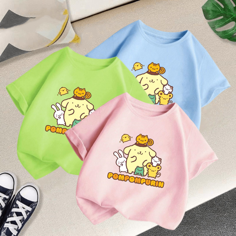 3-12ปีการ์ตูนปอมปอมปูรินพิมพ์เด็กสาวแขนสั้นเสื้อยืดนุ่มรอบคอเด็กท็อปส์ลูกอมสีสบายๆเด็กเสื้อผ้าฤดูร้อน