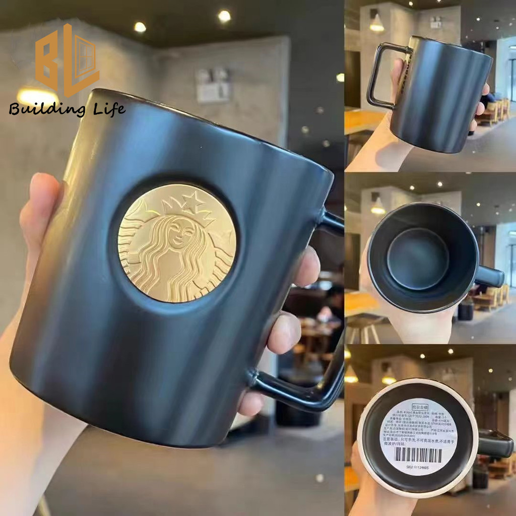 Starbucks Cup Classic Black Gold Copper Seal แก ้ วกาแฟถ ้ วยเซรามิค Simple Office Desktop Water Cup 414ml