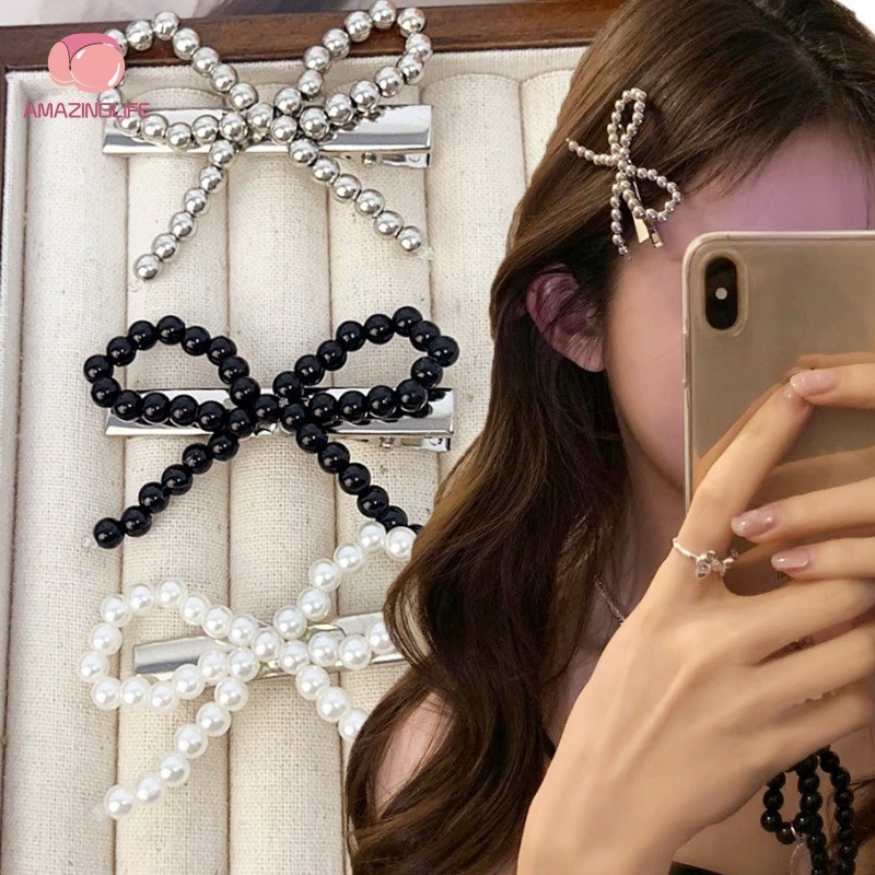 1/2ชิ้นแฟชั่นที่เรียบง่ายมุกโบว์กิ๊บ-ผู้หญิงหวานที่สง่างามกุทัณฑ์ปิ่นปักผม-สไตล์เกาหลีกิ๊บอุปกรณ์ผม