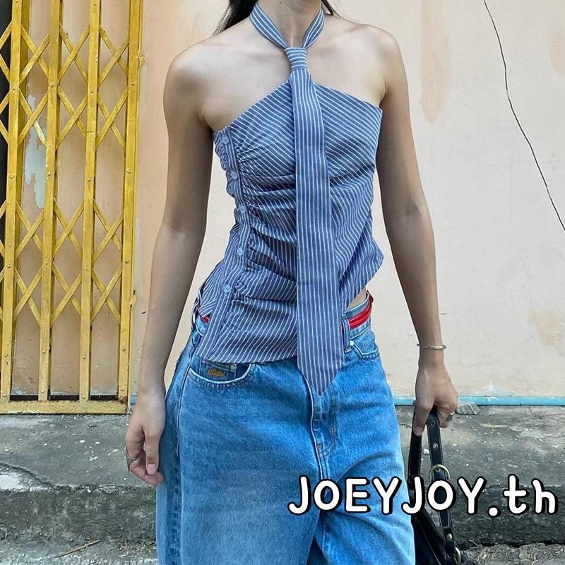 Joeyjoy-ผู้หญิงเสื้อกล้ามเชือกแขวนคอแขนกุดเปลือยลายสลิมฟิตเสื้อกั๊กฤดูร้อน