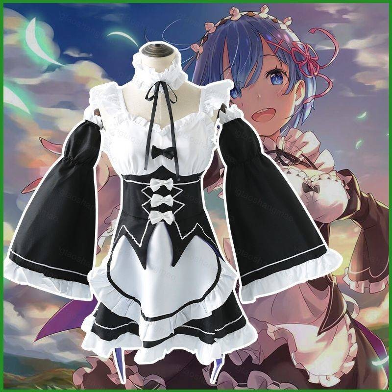 Re:zero Ram Rem คอสเพลย์ Lolita อะนิเมะชุดแม่บ้านเครื่องแต่งกายวิกผมสั้นสีชมพูสีฟ้าชุด Hallween Party