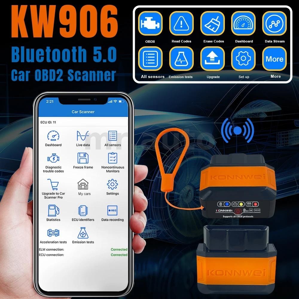 Mr.auto KW906 OBD2 ELM327 V1.5 Pic18F25K80 OBD 2 บลูทูธ 5.0 เครื่องสแกนเนอร์เครื่องมือวินิจฉัยรถยนต์