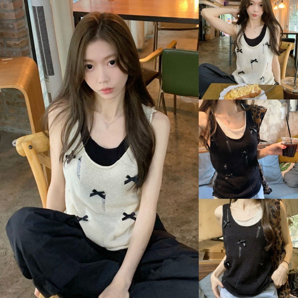 จัดส่งในกรุงเทพฯ แฟชั่นฤดูร้อนผู้หญิงเสียหลุมปลอมสองชิ้นเสื้อกั๊ก