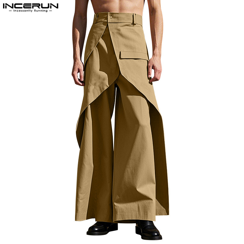 Incerun Men Vintage Layered Deconstructed Design กางเกงขายาวขากว้าง